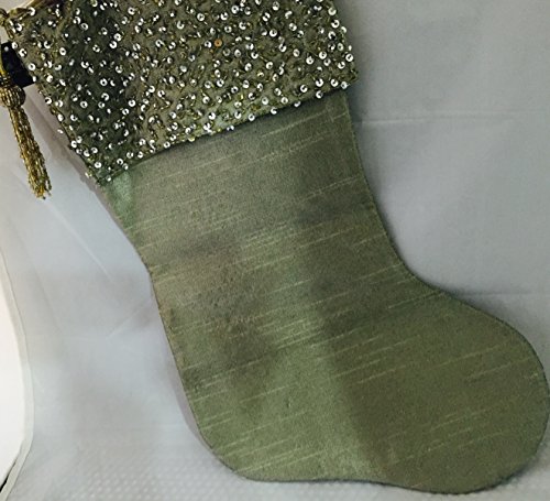 North Pole Trading Co. Sage/Gold Beaded Stocking with Tassle