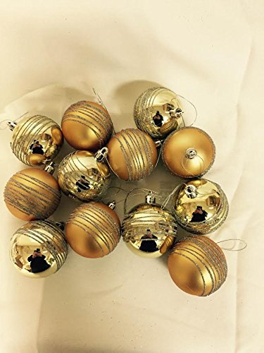 Set of (12) Shatterproof Christmas Ornament Balls, Gold with Silver Glitter, “2