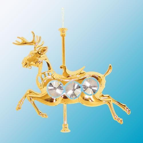 24k Gold Carousel Reindeer Ornament – Clear Swarovski Crystal
