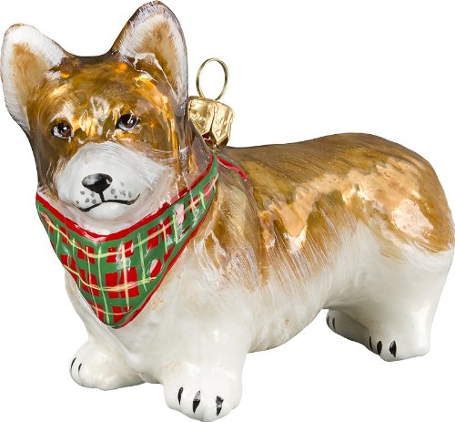 Joy to the World Collectibles European Blown Glass Pembroke Welsh Corgi with Tartan Bandana Dog Ornament