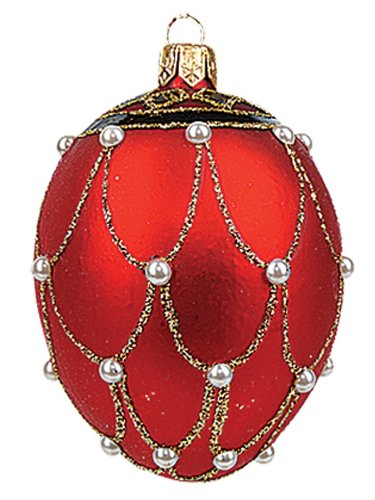 Mini Red Pearl Egg Faberge Inspired Polish Mouth Blown Glass Holiday Ornament