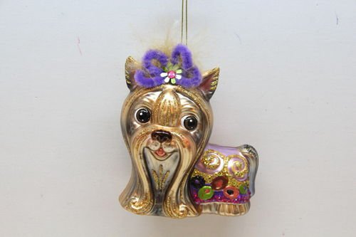 December Diamonds Yorkshire Dog Wearing Purple Bow Glass Christmas Ornament