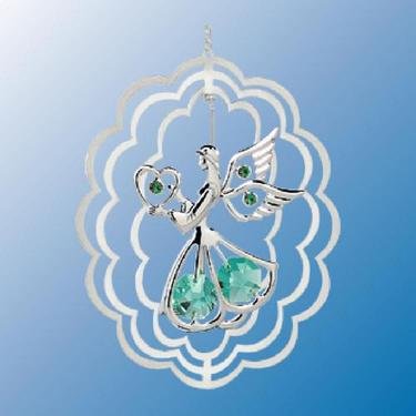 Chrome Plated Angel w/ Heart Oval Ornament – Green – Swarovski Crystal