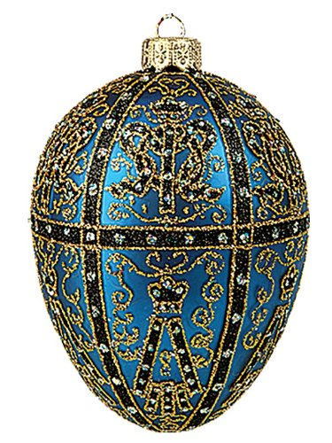 Blue Twelve Monogram Faberge Inspired Egg Polish Glass Holiday Ornament