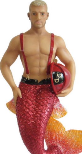 December Diamonds Muscular Firefighter Spark 7 inch Handpainted Merman Ornament – Short Blond Hair,Mustache, & Beard. Beautiful Sculpted Upper Body, with only Suspenders.Tight 6 pack+ Abs & Cuts in Upper Arms.Tail is Red With Orange Yellow Fins. He holds His Red Fire Hard Hat in his hands. He will “Spark” a Fire in You!Who can resist a HOT man in a partial uniform??? New for 2014