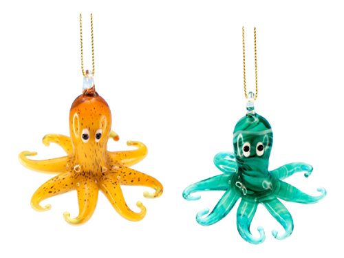 Coastal Green and Yellow Octopus Glass Christmas Holiday Ornaments Set of 2