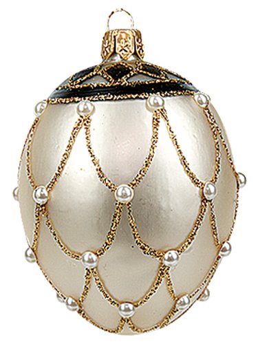Faberge Inspired Mini White Pearl Egg Polish Mouth Blown Glass Christmas or Easter Ornament