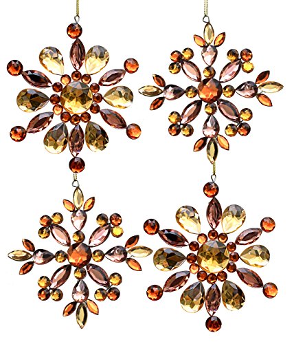 Holiday Lane Amber & Pink Jeweled Snowflake Ornaments; Set of 4