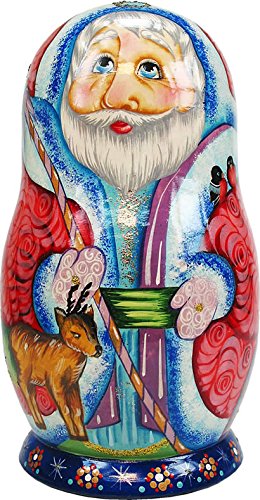Artistic Wood Carved Russian Matreshka Santa Claus Doll with Ornaments Sculpture Holiday and Christmas Decoration