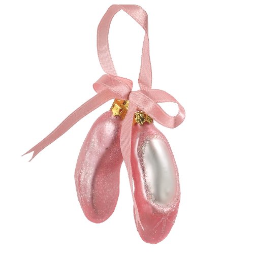 Ballet Slipper Pair Blown Glass Christmas Ornament , Pink with Glitter Accent and Pink Bow