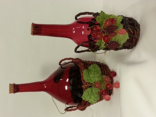 Wine Bottle in a Basket with Grapes Ornaments – Set of 2