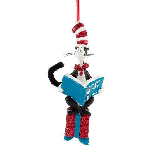 Department 56 Dr. Seuss Cat Reading on Present Ornament, 5-Inch