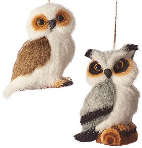 Faux Fur Owl Ornaments Set of 2, 3.5″ Tall, White, Black, Gray & Brown