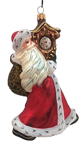 Santa Claus Carrying a Clock Polish Mouth Blown Glass Christmas Ornament