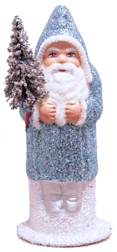 Ino Schaller Santa in Ice Blue Glitter Coat with Silver Tree German Paper Mache