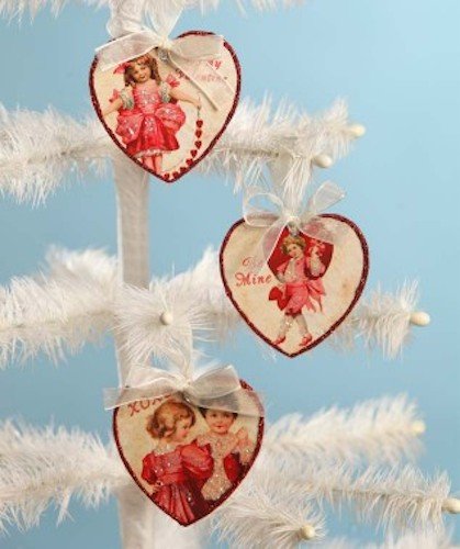 Bethany Lowe Valentine Children Heart Pressed Paper Ornament Set of 3