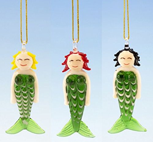 3 Glass Mermaid Christmas Ornaments, 3 Inches Tall, Packed with a Beach Magnet