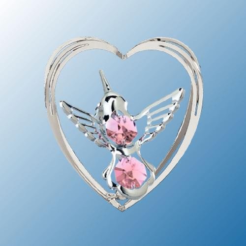 Chrome Hummingbird in Heart Ornament – Pink Swarovski Crystal