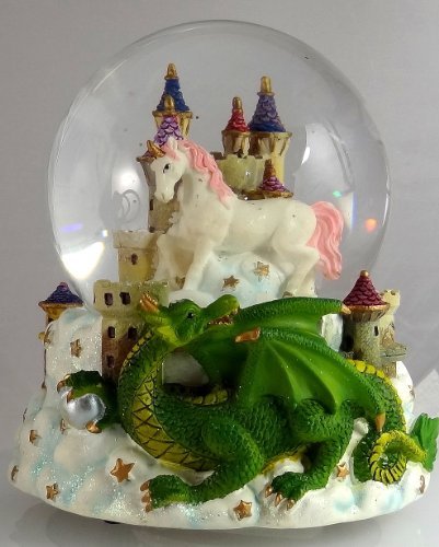 Green Dragon Clutching Crystal with Mystic White Unicorn and Castle in the Clouds Snow Globe – Sculptured Resin Water Ball Music Box 5 3/4″ High