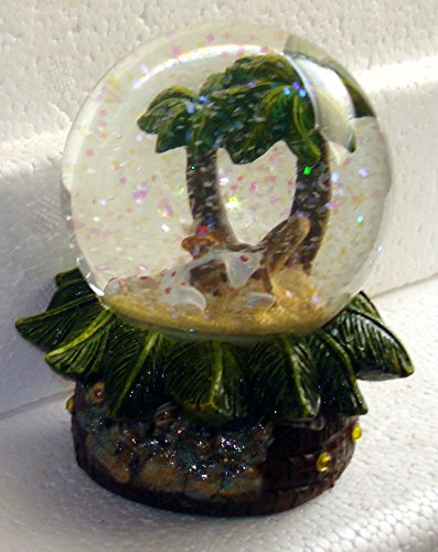 Palm Trees and Beach Theme Desktop Snow Globe – 65mm (8″ Round Glass Globe) Resin Beach Chair, Palm Trees, Beach Towel, Seashell and Sea Glass Accents