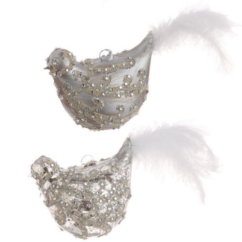 RAZ Imports – Silver Beaded Bird Ornaments