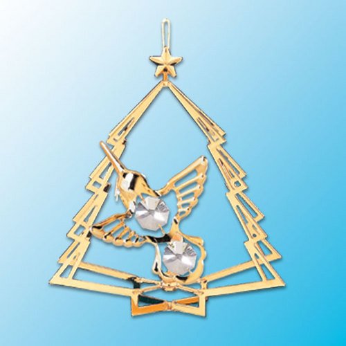 24k Gold Hummingbird in Tree Ornament – Clear Swarovski Crystal