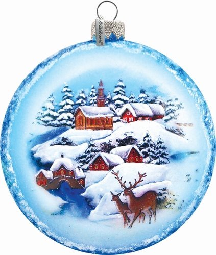 G. Debrekht Winter Landscape Medallion Hand Painted Glass Ornament Deer