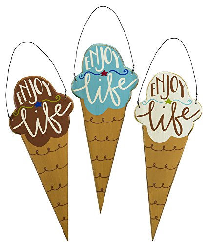 Ice Cream Shop Sugar Cone Summer Beach Themed Wooden Ornaments – Enjoy Life – Set of 3