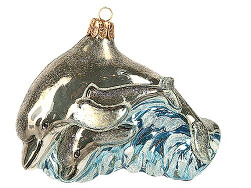 Dolphin Mother and Child Polish Mouth Blown Glass Christmas Ornament