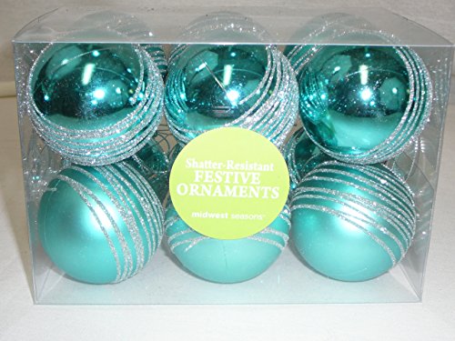 Set of (12) Shatterproof Christmas Ornament Balls, Turquoise w/Silver Glitter, 2″
