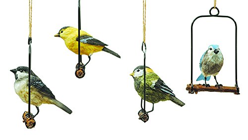 Set of 4 Resin Song Birds On Perches Hanging Ornaments-Four Styles