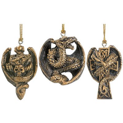 Design Toscano CL3108 3-Piece Gothic Holiday Dragon Ornament Set in Faux Antique Gold