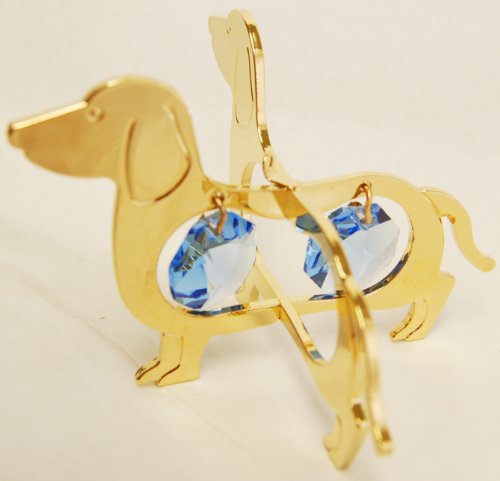 24K Gold Plated Hanging Sun Catcher or Ornament….. Dachshund With Two Blue Color Swarovski Austrian Crystals