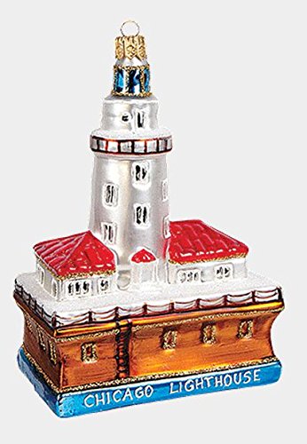 Chicago Harbor Lighthouse Polish Mouth Blown Glass Christmas Ornament
