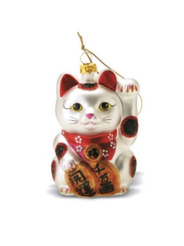 Hawaiian Maneki Neko (Lucky Cat) Glass Ornament With Glitters – Japanese Beckoning Kitty