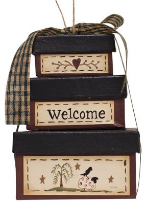 Welcome Box Ornament Stacked Papier Mache Willow Tree Sheep Crow Heart Stars Country Primitive Décor