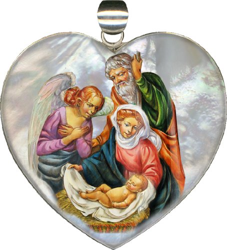 The Holy Family Heart Pendant 2.5″h. “Museum Jewelry” Collection Handpainted on Mother-of-pearl in Sterling Silver