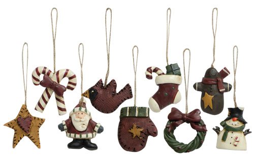 Old World Mini Christmas Ornaments 9 Piece Set Vintage Style Country Primitive Christmas Holiday Décor