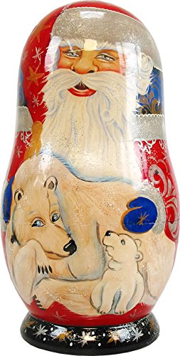 Artistic Wood Carved Russian Matreshka Santa Claus and Polar Bear Doll with Ornaments Sculpture Holiday and Christmas Decoration