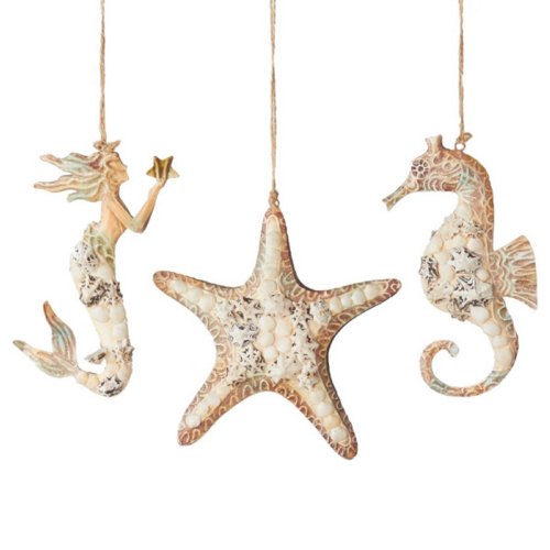 Starfish, Mermaid and Seahorse Christmas Ornaments Set of 3