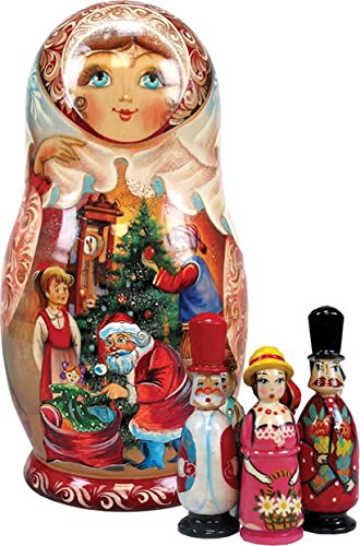 Artistic Wood Carved Russian Matreshka Santa Claus Night Before Christmas Doll with Ornaments Sculpture Holiday and Christmas Decoration