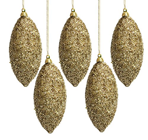 Holiday Lane Beaded Gold Oblong 6″ Christmas Ornaments; Set of 5