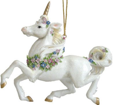 December Diamonds Discontinued Magical Unicorn Ornament is approximately 5 inches long & 5 inches tall.Made of Resin,Hand Painted, Rhinestone Embellished, & Gift Boxed. Stunning Gift!!!