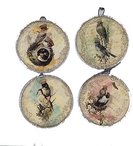 Creative Co-op Round Flat Glass Birds with Crowns Ornaments – Set of 4 Assorted