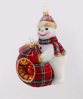 David Strand Glass Deck the Halls Stewart Plaid Snowman Christmas Ornament