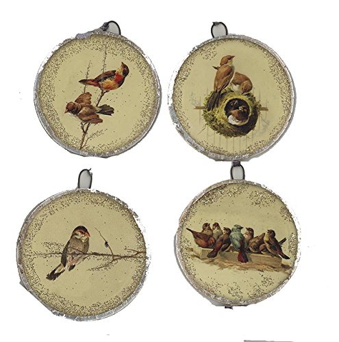 Creative Co-op Round Flat Glass Bird Ornaments – Set of 4 Assorted