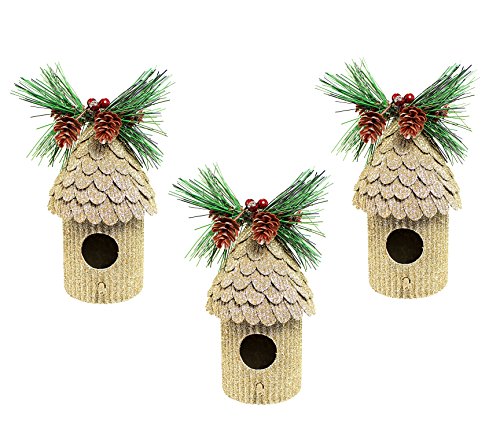 Holiday Lane Set of 3 Gold Glitter Birdhouse Christmas Ornaments with Holly & Pine Accents