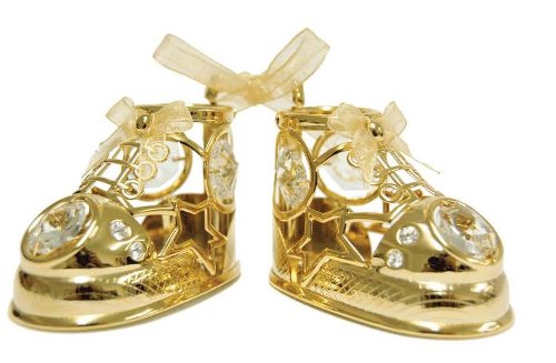 Best Gift for Baby Shower – 24K Gold Plated Baby Shoes (Pair) Free Standing w/Swarovski Element Crystal – Also For All Occasions