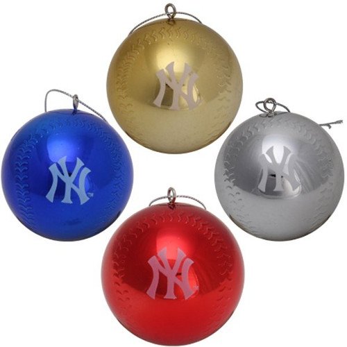 New York Yankees MLB Set of 4 Metallic Plastic Baseball Christmas Ornaments