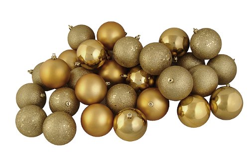 32ct Gold Glamour Shatterproof 4-Finish Christmas Ball Ornaments 3.25″ (80mm)